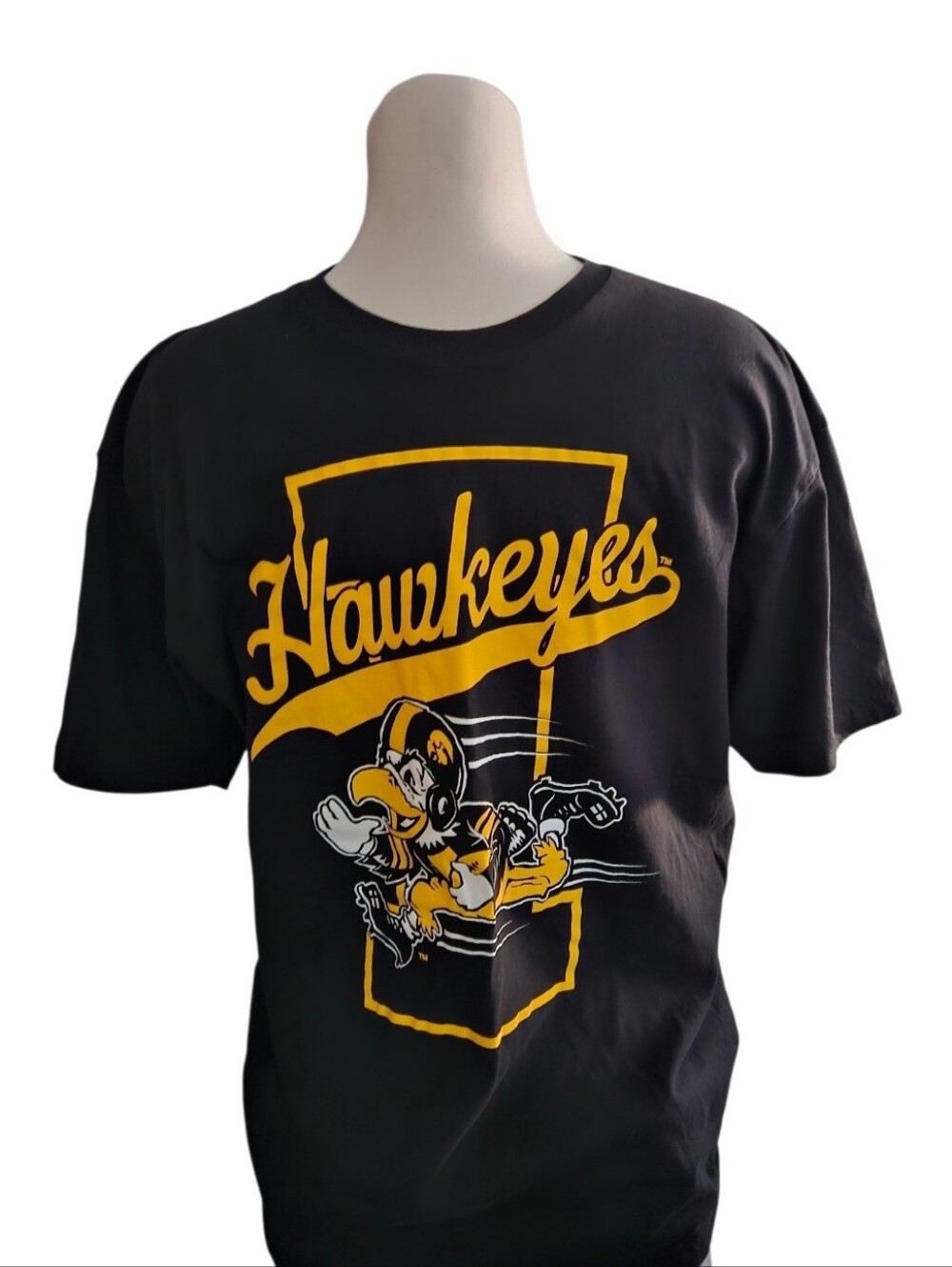 Iowa Hawkeyes Black & Gold Graphic Football Tee, Unisex XL.